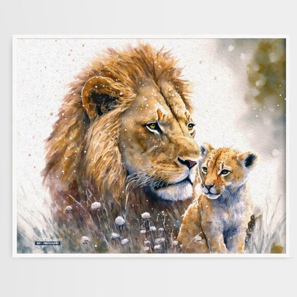 NobleCaptures Other - 20x30 Lion With Cub Gorgeous Fantasy Art Oil Painting Print‎